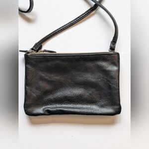 Classic Black Leather Crossbody Wristlet 3-Compartment Top Zip